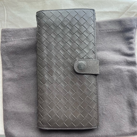 EUC Bottega Veneta Intrecciato Snap Long Leather Wallet Brown Grey Color - Picture 2 of 12